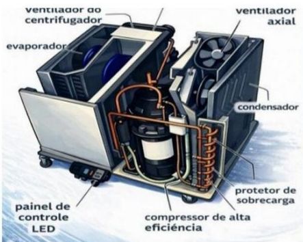 Componentes internos do EleveSense LIFT-AC: ventilador centrífugo, ventilador axial, evaporador, condensador, compressor de alta eficiência e painel de controle LED