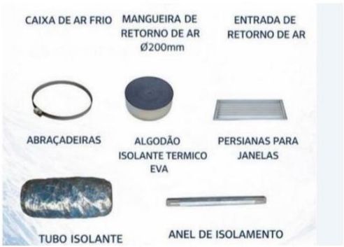 Kit de instalação e acessórios inclusos: caixa de ar frio, mangueira de retorno Ø200mm, abraçadeiras, algodão isolante térmico EVA, persianas para janelas, tubo isolante e anel de isolamento